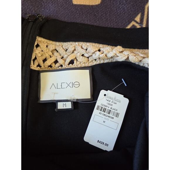 Alexis Bailey NWT Black Crochet trim Midi Dress Off Shoulder Fringe, Size Medium - Picture 3 of 13